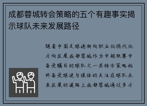 成都蓉城转会策略的五个有趣事实揭示球队未来发展路径